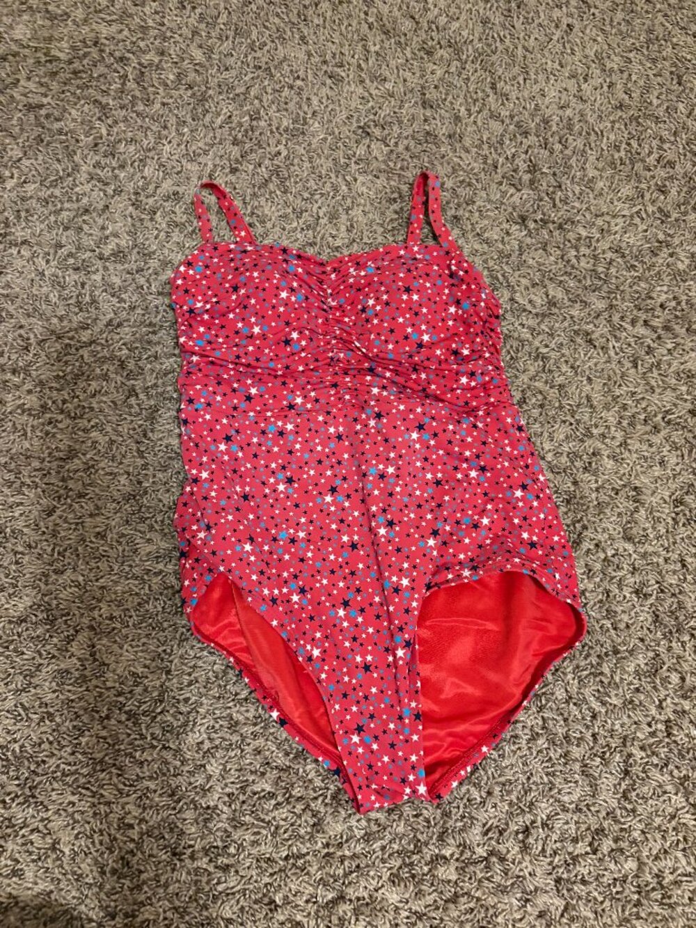 Lands' End One Piece Swimsuit Size 8 Red Star Print Padded Ruched Sides Nylon